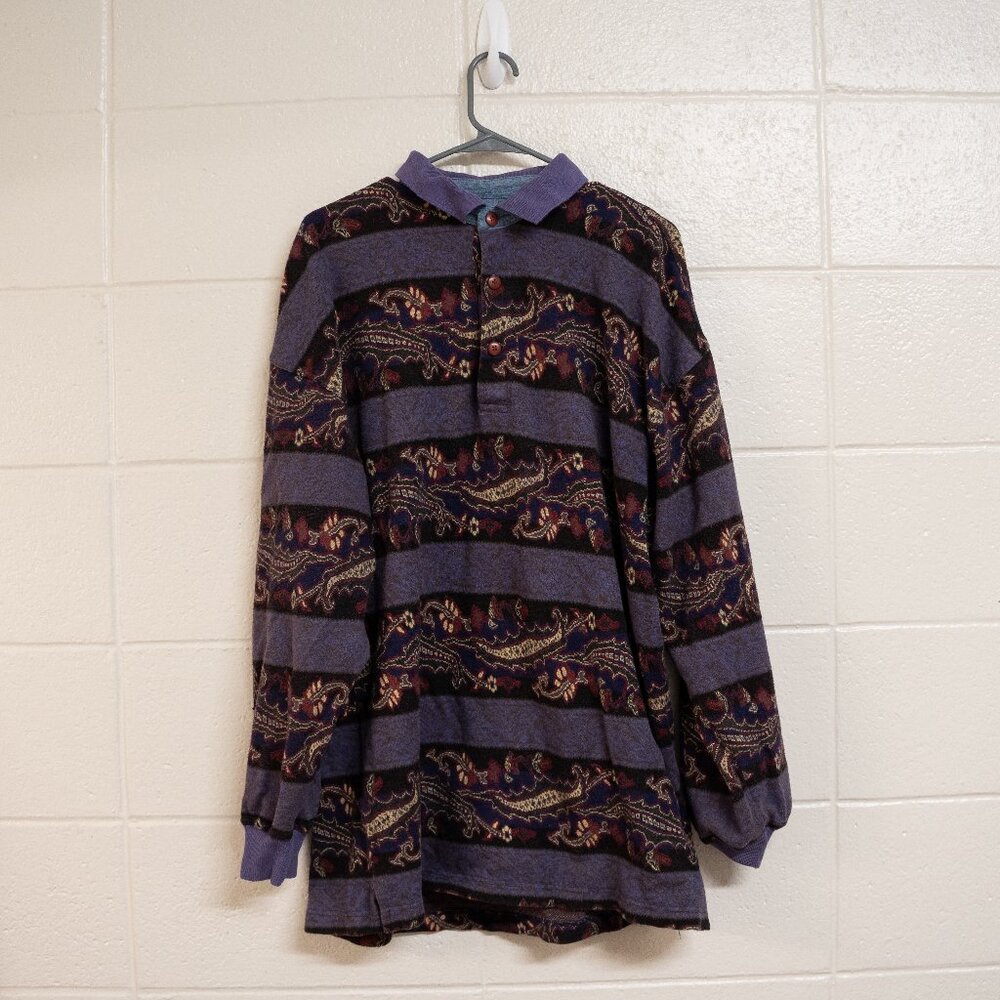 Cotton Mill rugby-style sweatshirt with a paisley design.